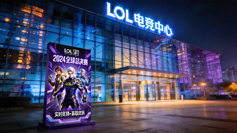 LOL电竞竞猜官方网站资讯配图 - 电竞场馆外景与赛事宣传立牌