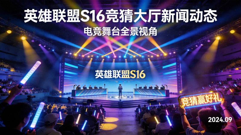 英雄联盟竞猜S16资讯专题配图 - 电竞场馆舞台灯光与观众席全景